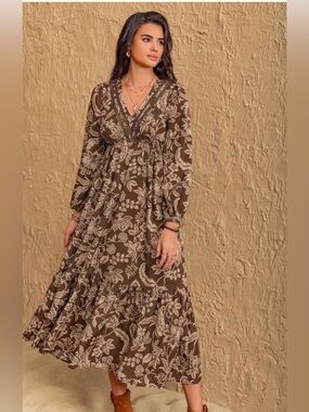 NWT Rusttydustty Brown Floral V-Neck Long Sleeve Maxi Dress Western Boho Large